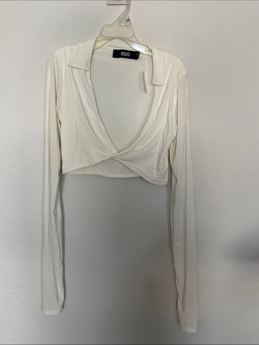 EGO Ivory Cropped Twist-Front Long Sleeve Top